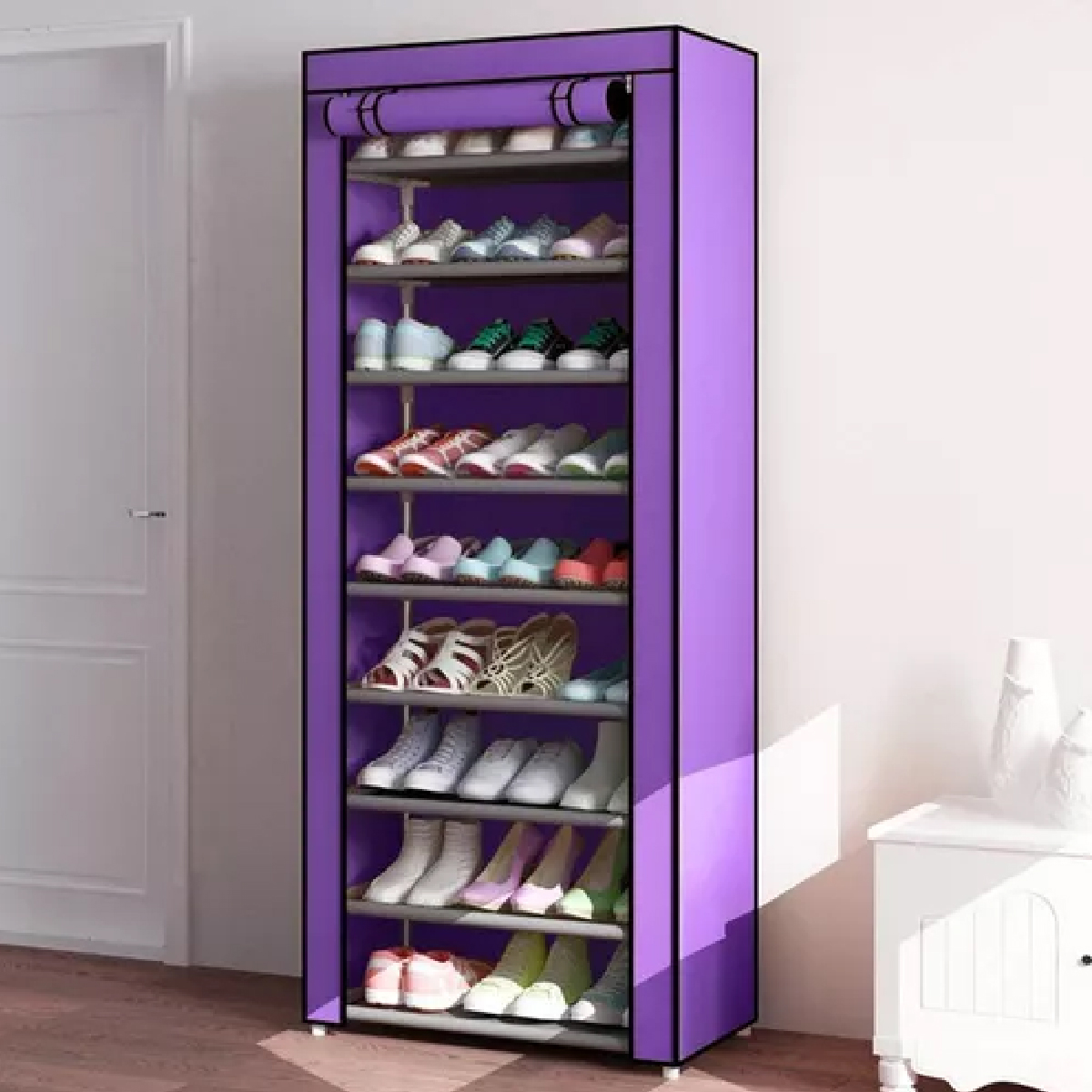 Zapatero Portátil Con Funda A Prueba De Polvo De 9 Niveles Morado