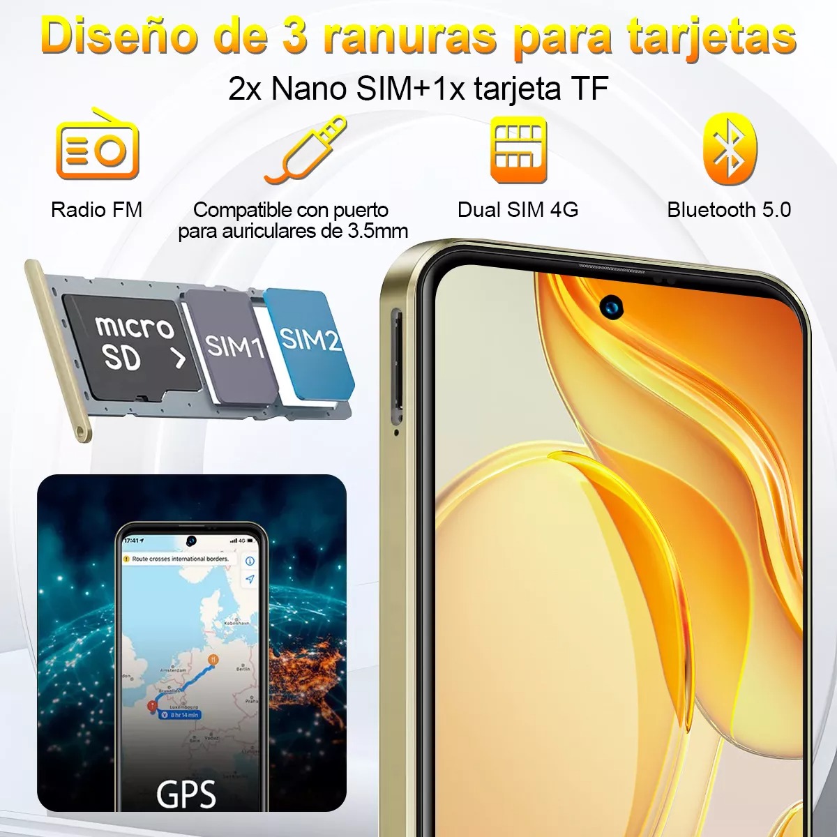 Teléfono móvil Xgody Dual Sim 256 GB+10 GB RAM Smartphone Android 13 Hd 6.8 Pulgadas Celular 6000 mAh With Facial Recognition Y Huella Dactilar Gps Oro