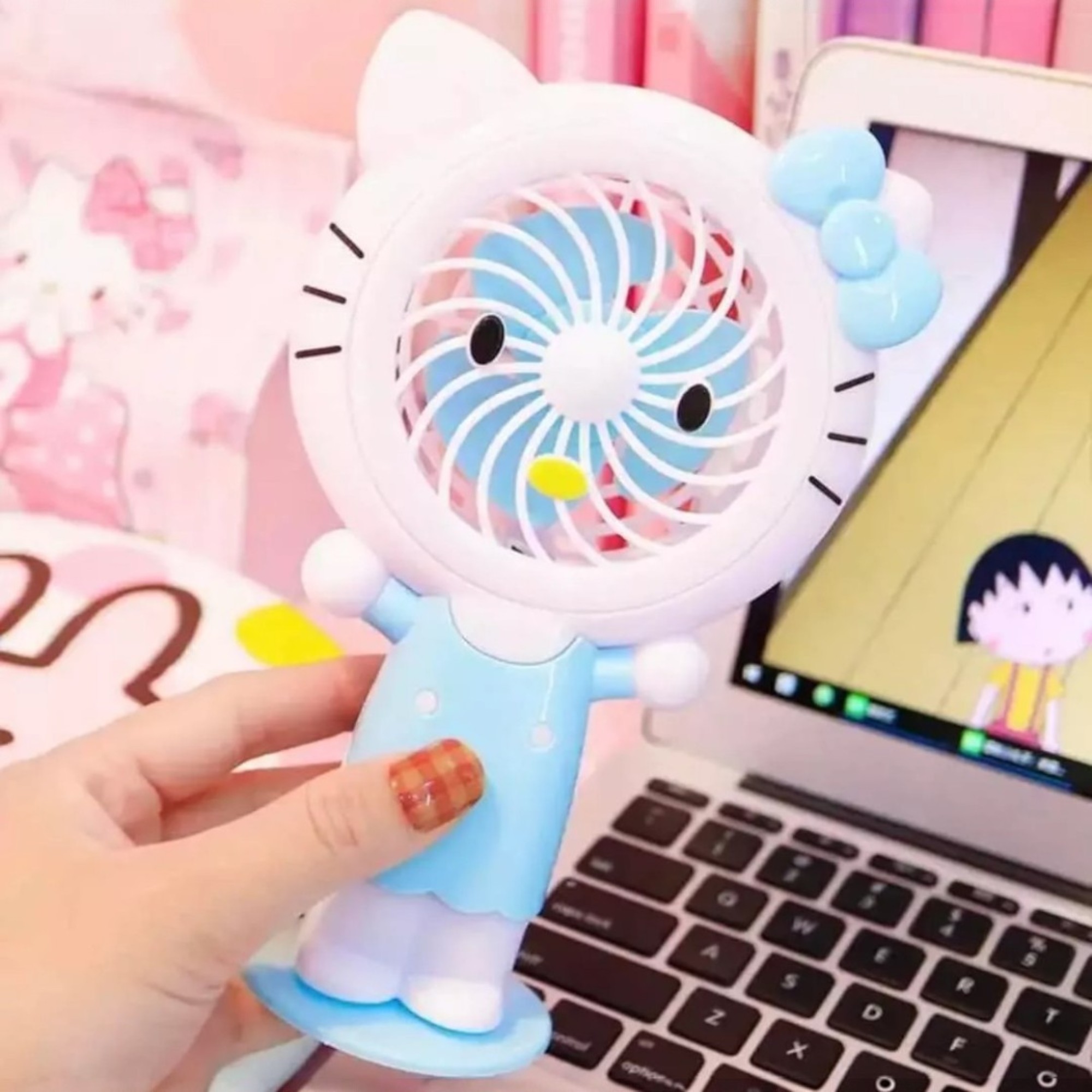 Ventilador personal Hello Kitty, color azul,luz led, usb, 2 velocidades