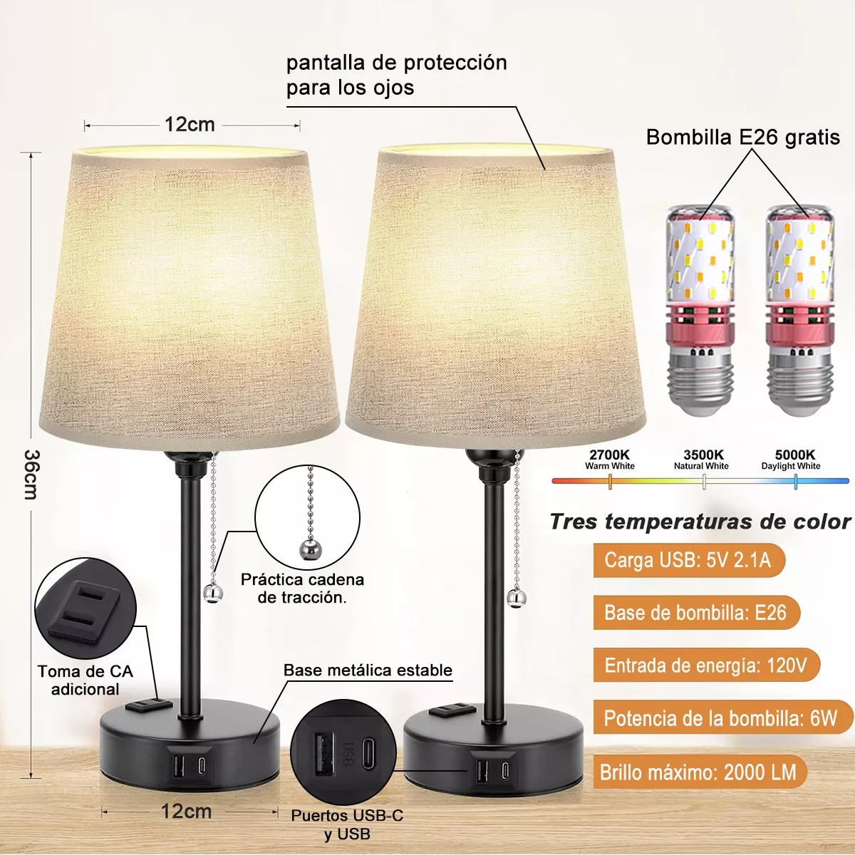 Lampara Escritorio Buró Mesa Luz De Noche Led 2pcs Con Focos