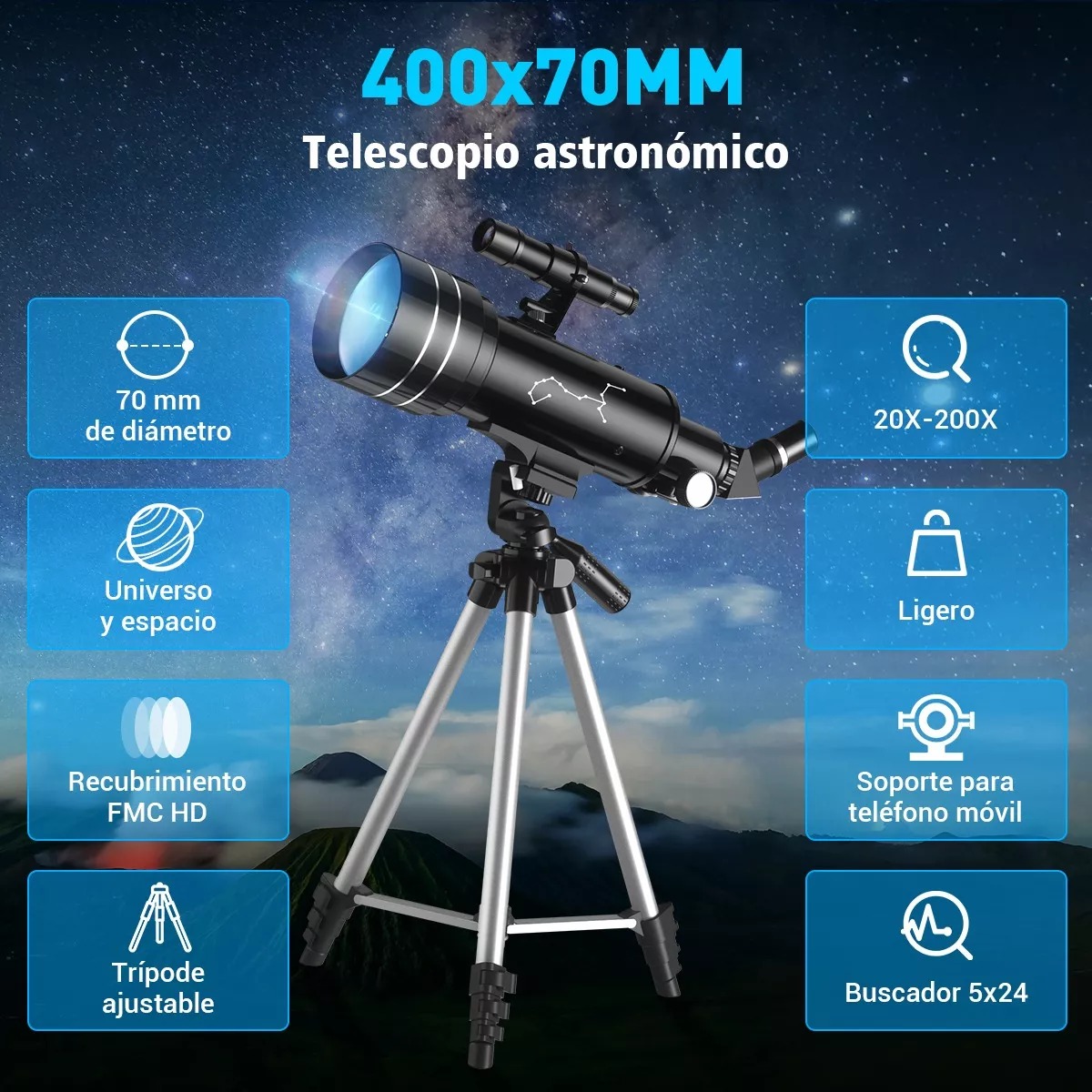Telescopio Astronómico Profesional 70/400mm Monocular 200x