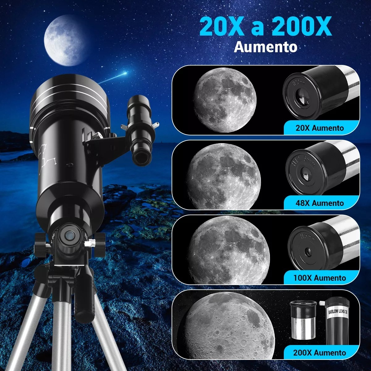 Telescopio Astronómico Profesional 70/400mm Monocular 200x