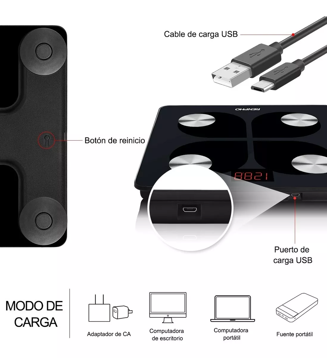 Renpho Báscula Electrónica Carga Usb Inteligente App RECARGABLE