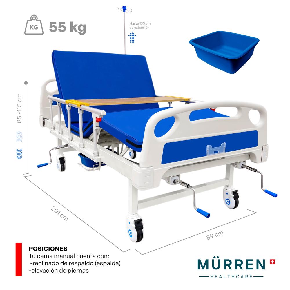 Cama Hospitalaria Manual con Comodo /Toilet Porta Suero+Mesa