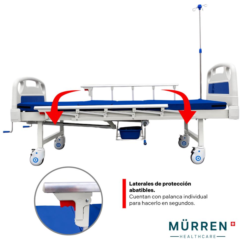 Cama Hospitalaria Manual con Comodo /Toilet Porta Suero+Mesa