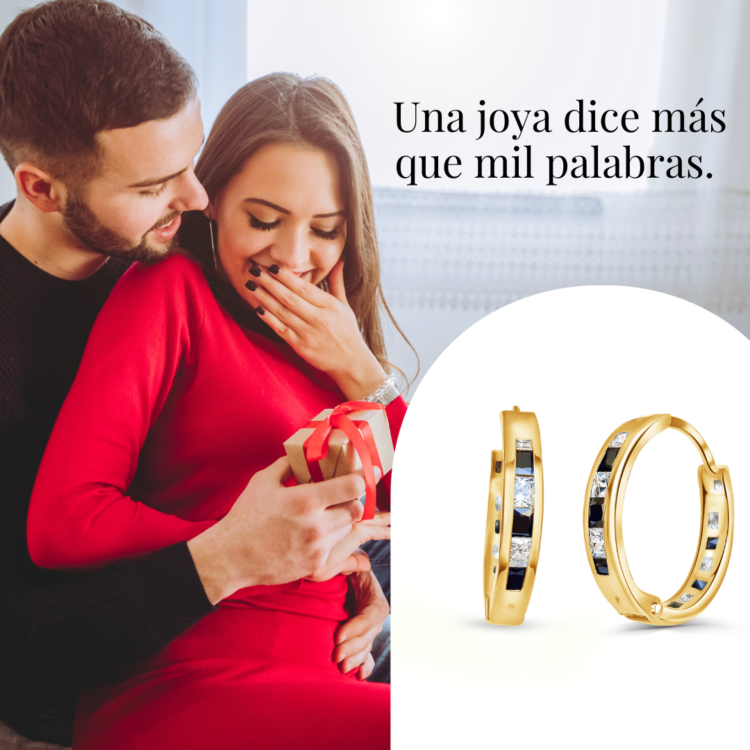 ARRACADAS MUJER ORO AMARILLO 10 KILATES CIRCONIA BLANCO Y NEGRO