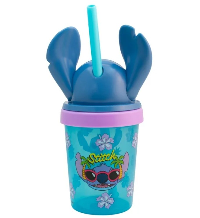  Stitch  Vaso De Plástico con Tapa Figura 3D Y Popote, Diseño Disney Clásicos, Colección Personajes Animados, Capacidad 384ml, Color Azul