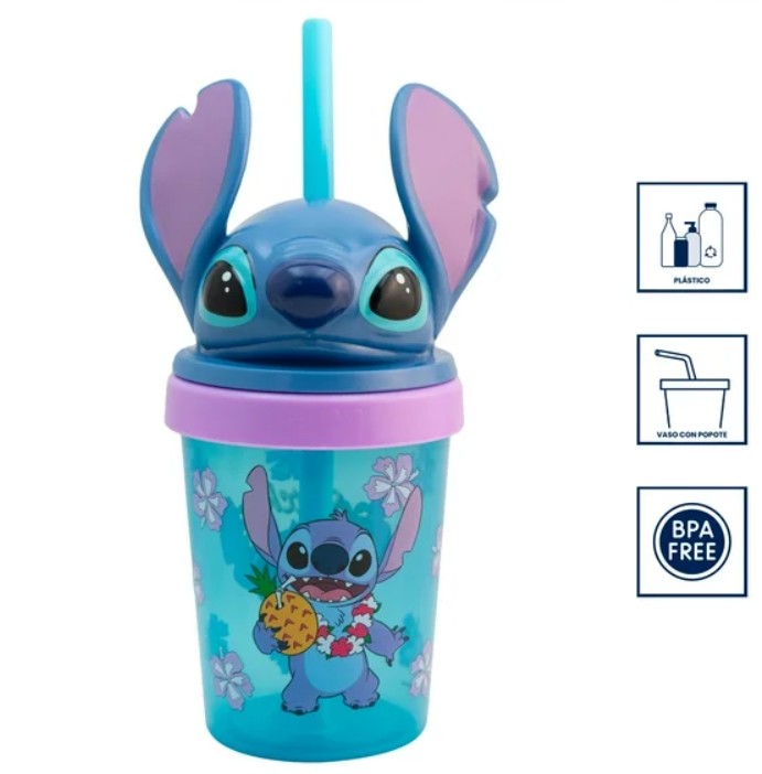  Stitch  Vaso De Plástico con Tapa Figura 3D Y Popote, Diseño Disney Clásicos, Colección Personajes Animados, Capacidad 384ml, Color Azul