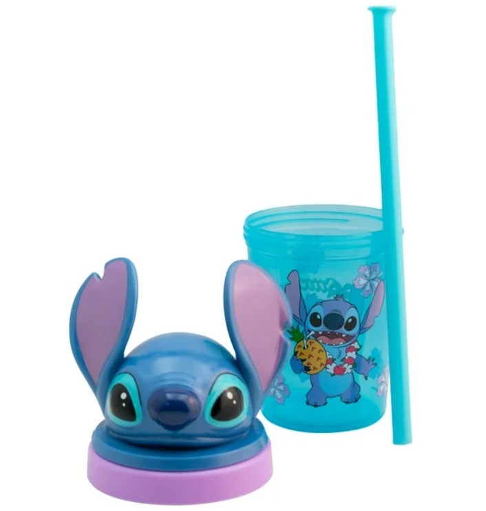  Stitch  Vaso De Plástico con Tapa Figura 3D Y Popote, Diseño Disney Clásicos, Colección Personajes Animados, Capacidad 384ml, Color Azul