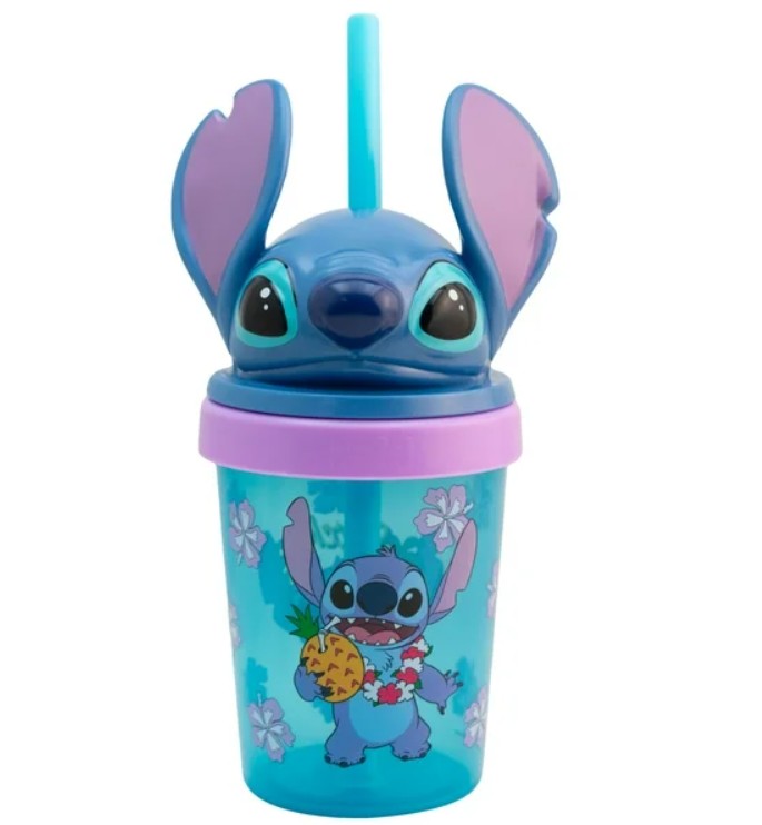  Stitch  Vaso De Plástico con Tapa Figura 3D Y Popote, Diseño Disney Clásicos, Colección Personajes Animados, Capacidad 384ml, Color Azul