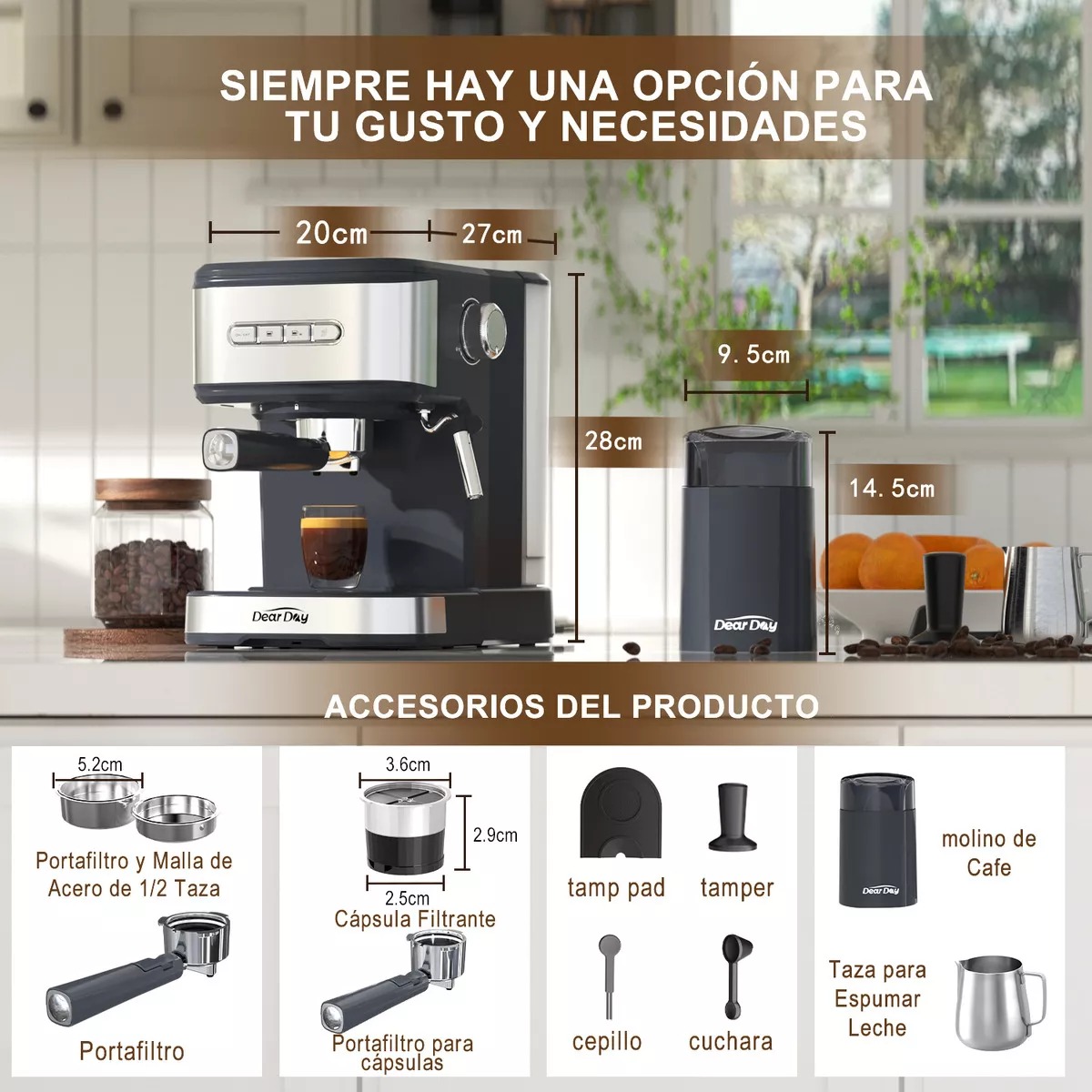 Dear Day Cafetera Con Molinillo Integrado, Mango For Capsules, Prensa De Café, Jarra De Espuma, Tapete Para Prensado, Cuchara Dosificadora Y Cepillo De Limpieza