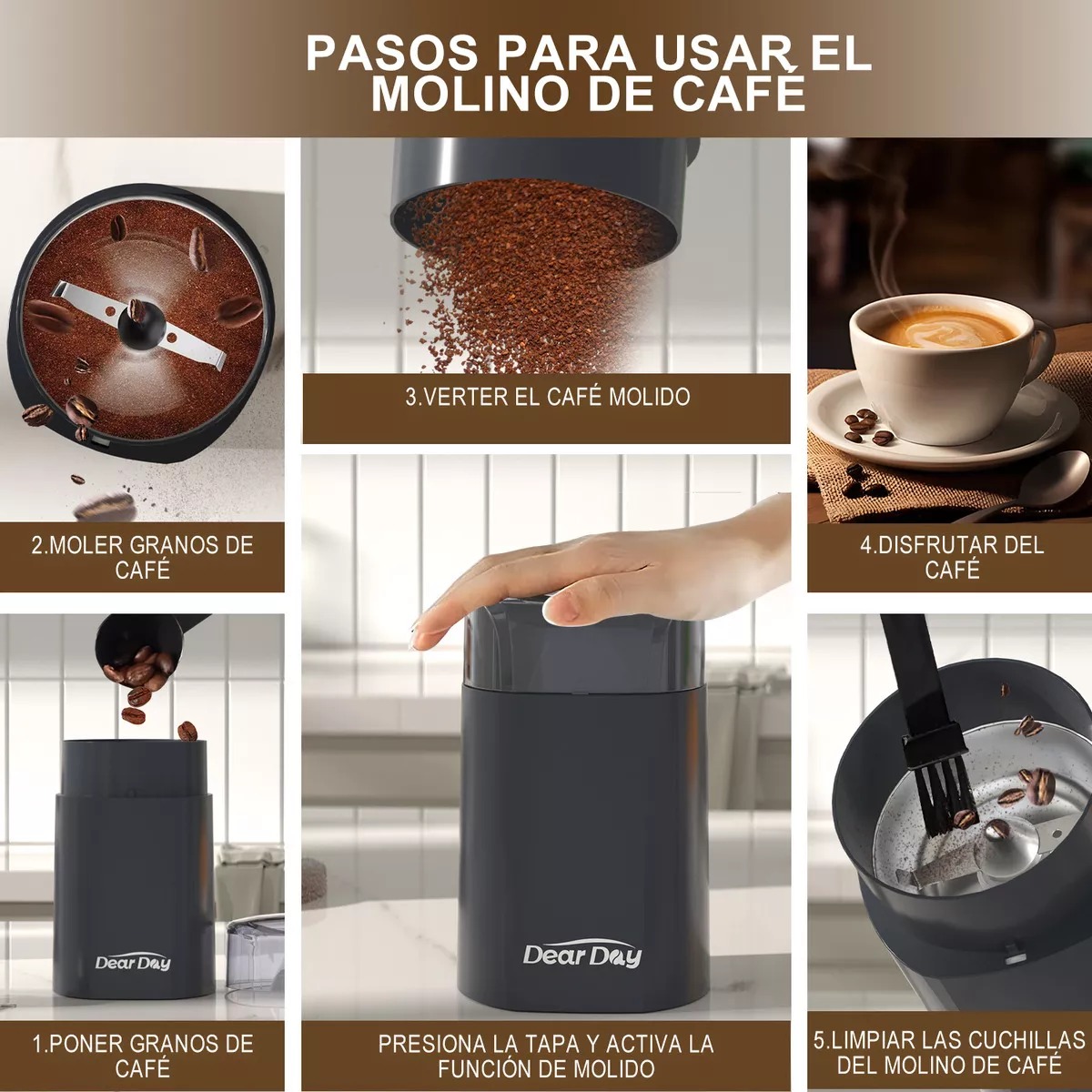 Dear Day Cafetera Con Molinillo Integrado, Mango For Capsules, Prensa De Café, Jarra De Espuma, Tapete Para Prensado, Cuchara Dosificadora Y Cepillo De Limpieza