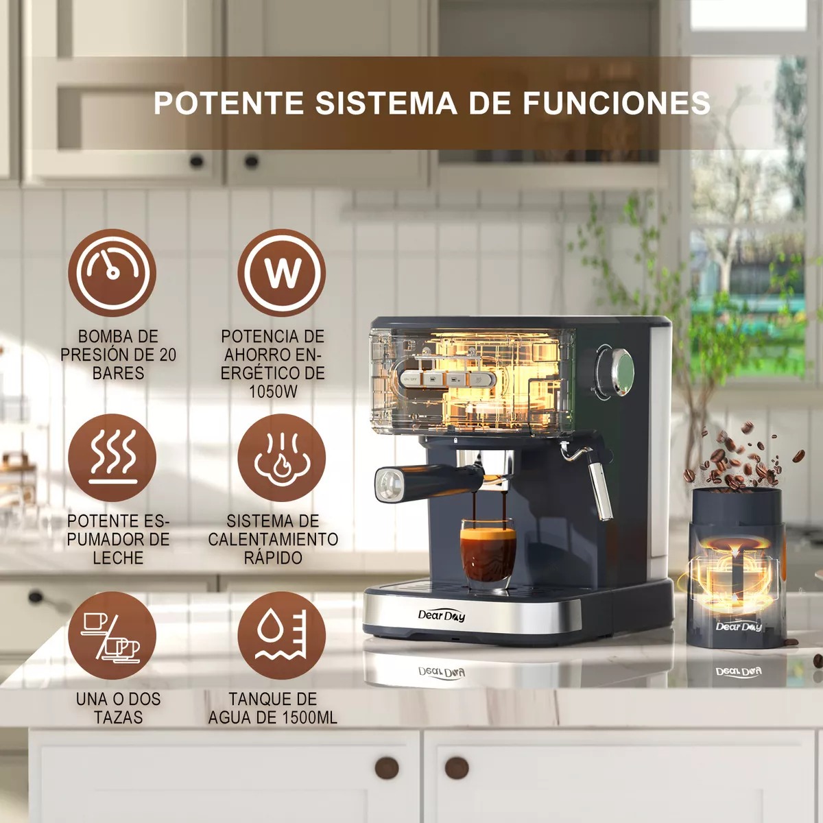 Dear Day Cafetera Con Molinillo Integrado, Mango For Capsules, Prensa De Café, Jarra De Espuma, Tapete Para Prensado, Cuchara Dosificadora Y Cepillo De Limpieza