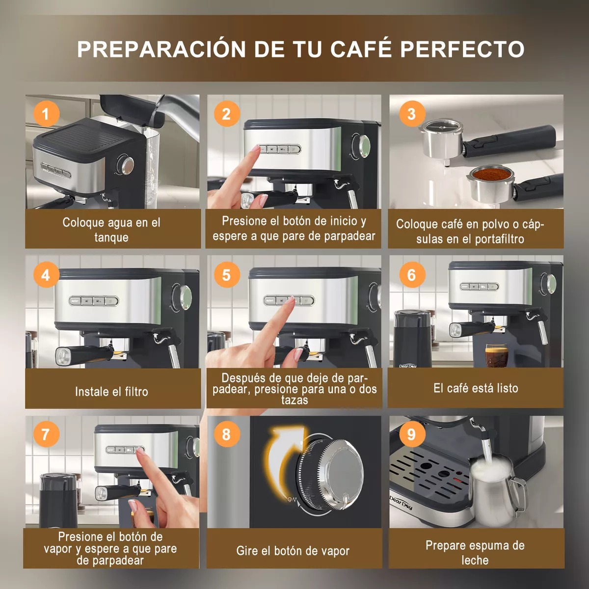 Dear Day Cafetera Con Molinillo Integrado, Mango For Capsules, Prensa De Café, Jarra De Espuma, Tapete Para Prensado, Cuchara Dosificadora Y Cepillo De Limpieza