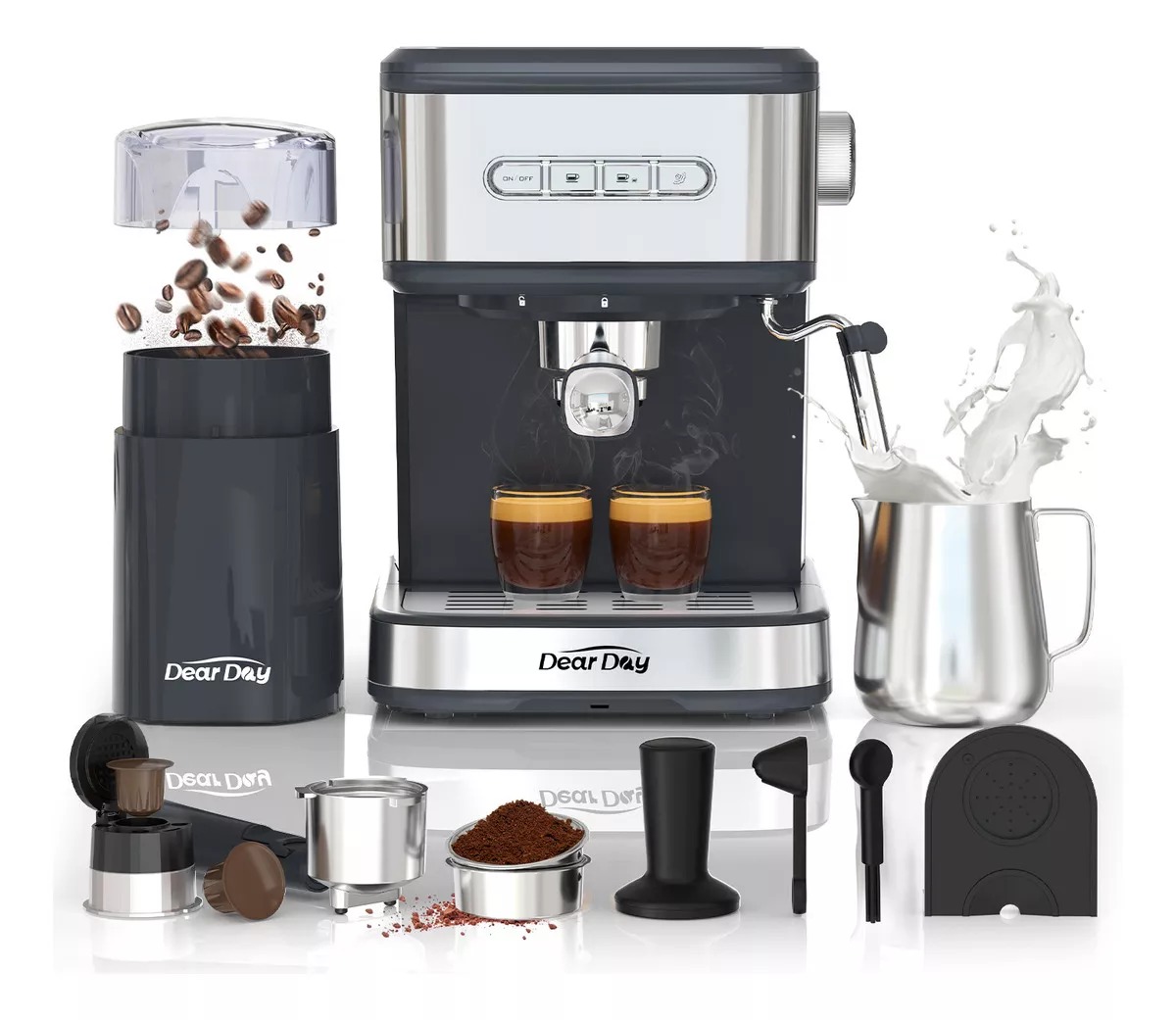Dear Day Cafetera Con Molinillo Integrado, Mango For Capsules, Prensa De Café, Jarra De Espuma, Tapete Para Prensado, Cuchara Dosificadora Y Cepillo De Limpieza