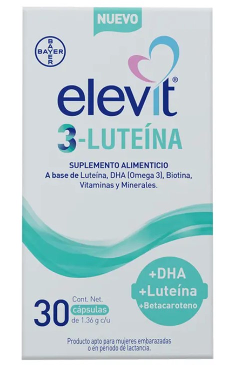 Elevit 3 Luteina Embarazo y Lactancia, Multivitamínico con Ácido Fólico y Hierro, Ayuda el Sano Desarrollo de los Órganos de tu Bebe, Vitaminas para Mujer y Bebé, 30 Tabletas