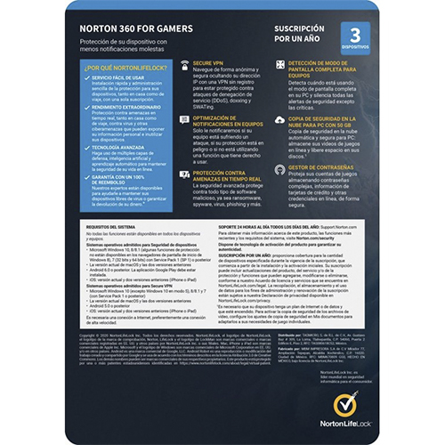 LICENCIA ANTIVIRUS NORTON 360 FOR GAMERS PERSONAL 3 DISPOSITIVOS 21436975