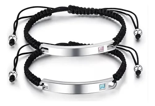 2 Pulseras Trenzadas Acero Inoxidable Ajustables Parejas Color Plateado Largo 17 cm