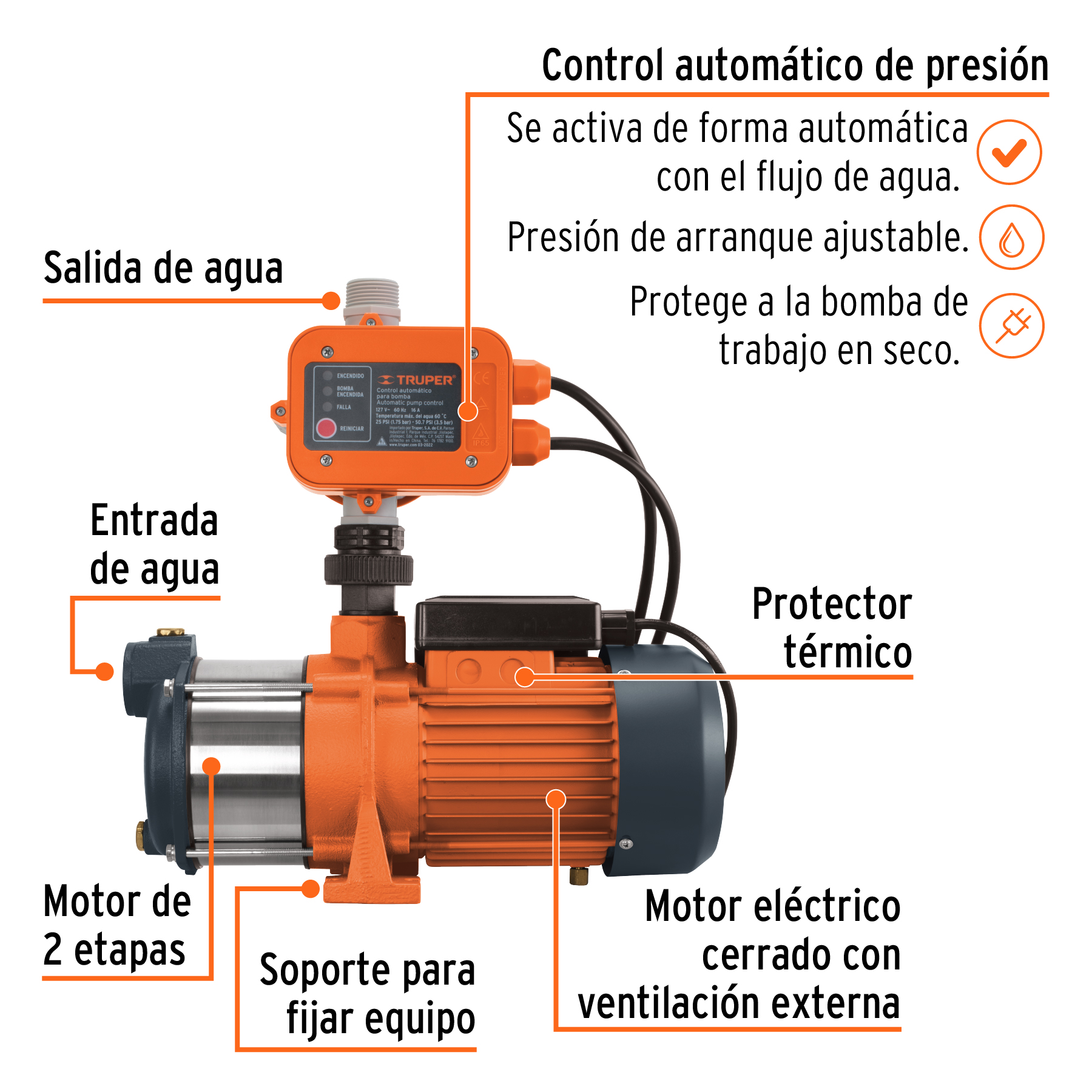Bomba presurizadora multietapas 3/4 HP con control, Truper
