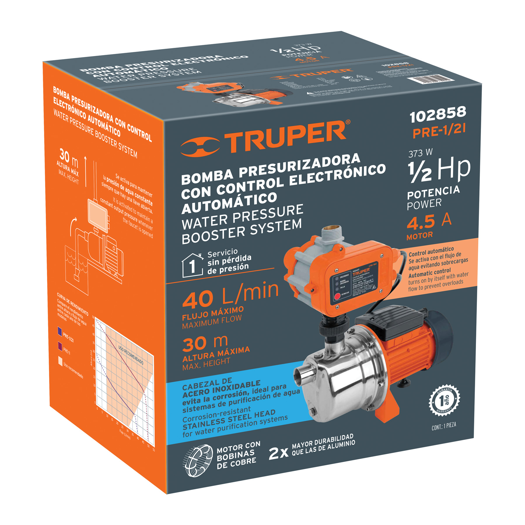 Bomba presurizadora jet acero 1/2 HP con control, Truper