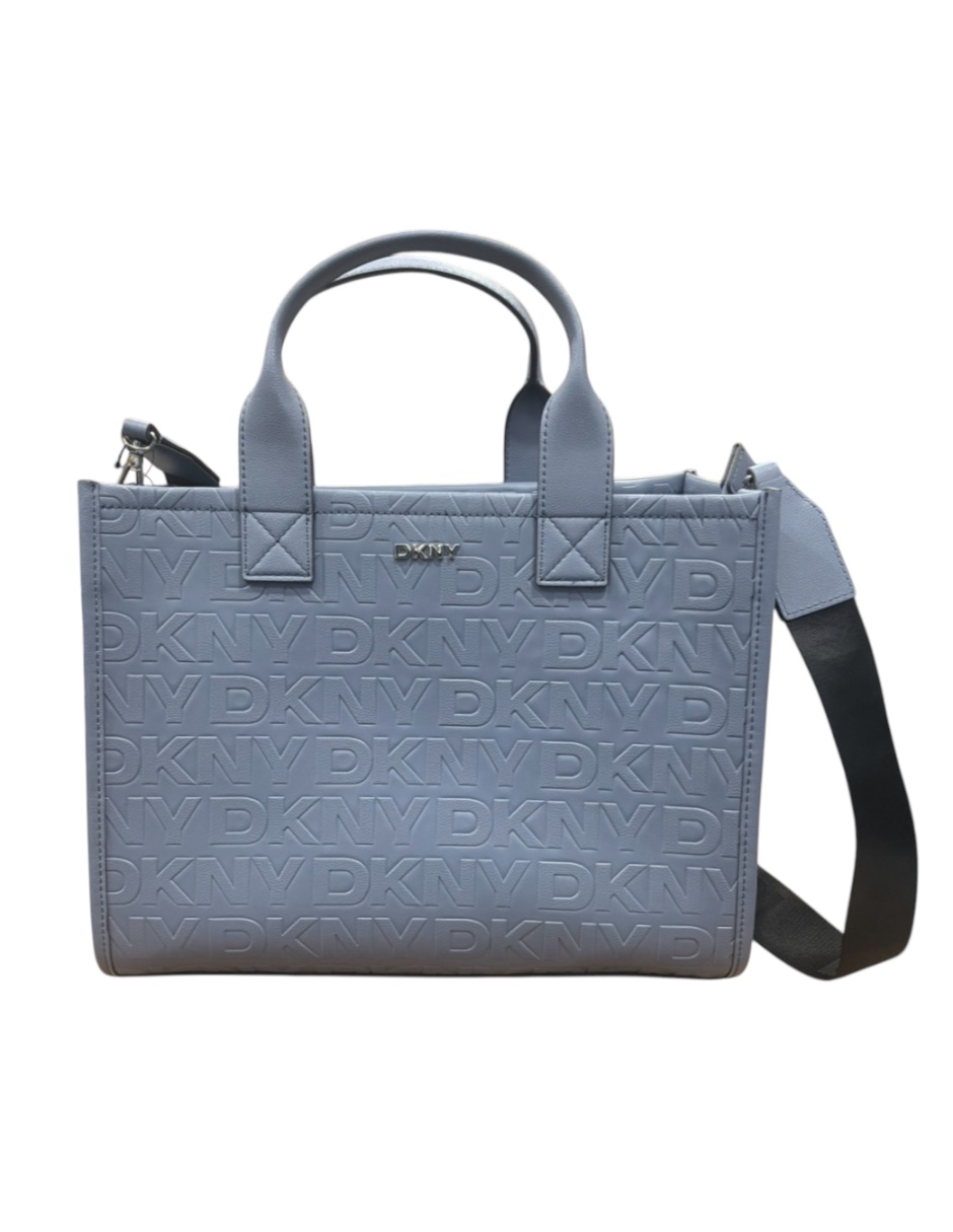 Bolsa Tote DKNY color morado con letras del logo en relieve