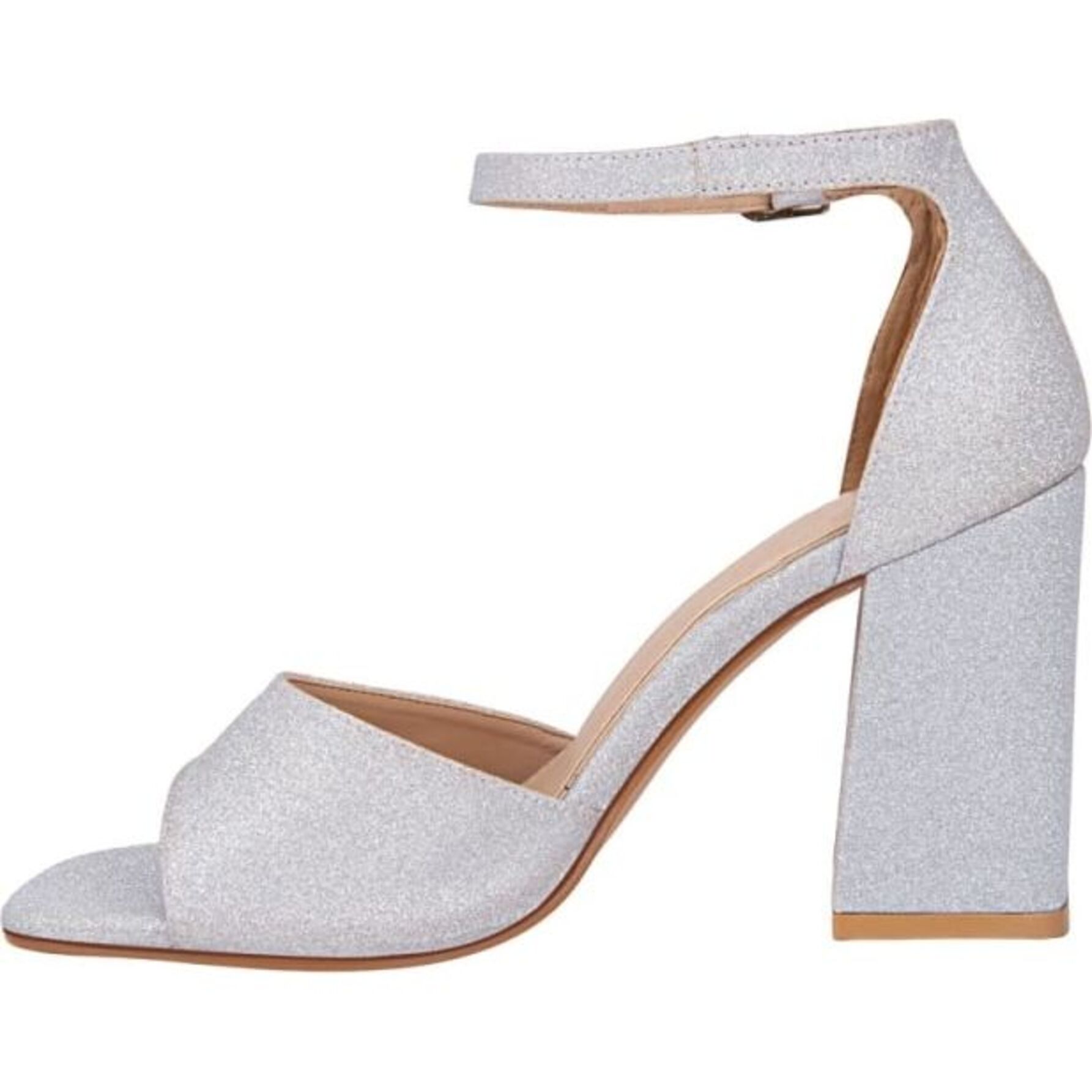 Sandalia para mujer, con tacón alto, punta cuadrada y acabado glitter, marca Molto Bello, color plata, mod. 1218671