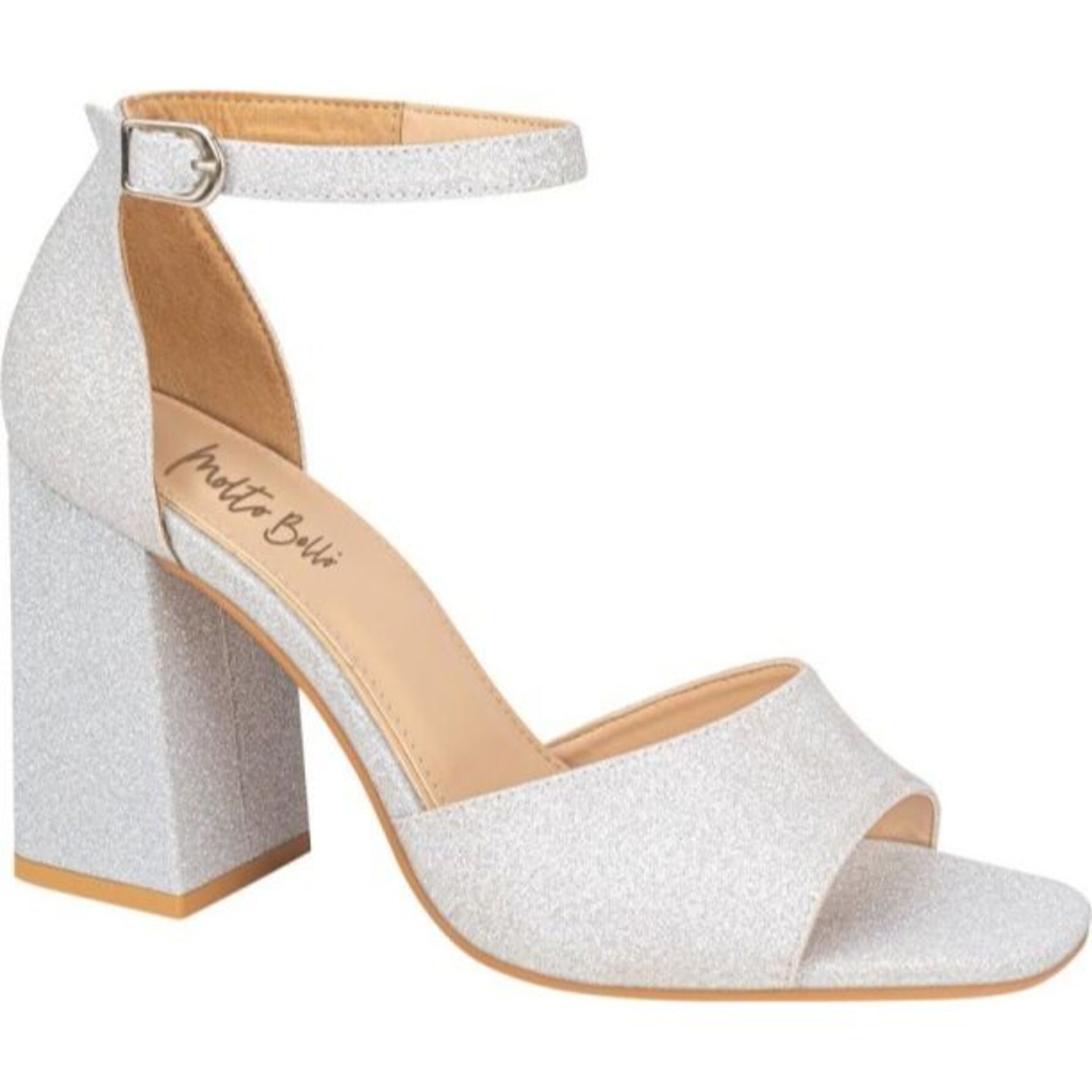 Sandalia para mujer, con tacón alto, punta cuadrada y acabado glitter, marca Molto Bello, color plata, mod. 1218671