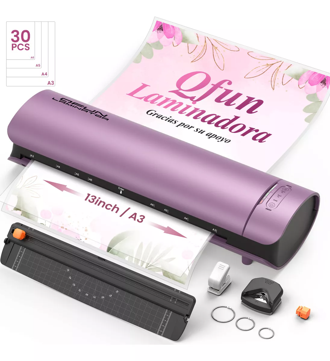 Laminadora 6 En 1 De 13 Pulgadas Para Tamaños Carta/A4/Oficio/Legal/Tabloide Laminadora A3 Con Cortador De Papel Y 30 Micas Qfun ML-MX-LAMINATOR-SL999-PU