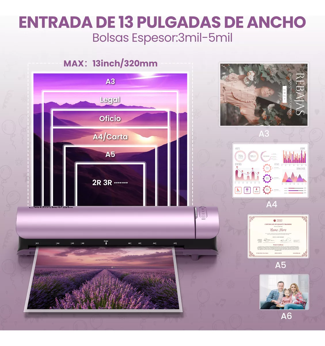 Laminadora 6 En 1 De 13 Pulgadas Para Tamaños Carta/A4/Oficio/Legal/Tabloide Laminadora A3 Con Cortador De Papel Y 30 Micas Qfun ML-MX-LAMINATOR-SL999-PU