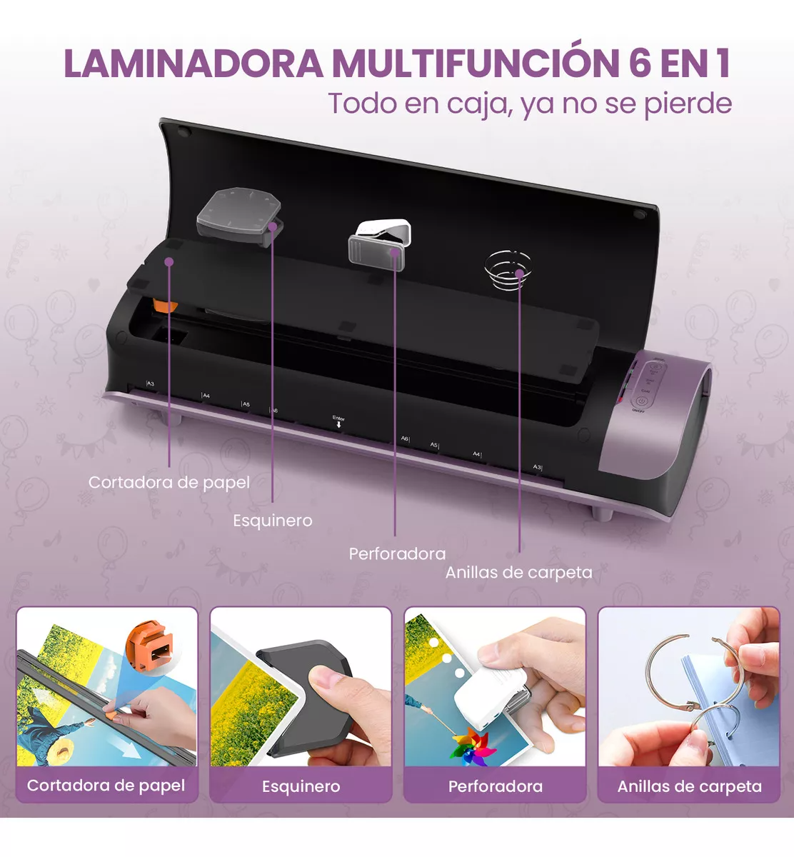 Laminadora 6 En 1 De 13 Pulgadas Para Tamaños Carta/A4/Oficio/Legal/Tabloide Laminadora A3 Con Cortador De Papel Y 30 Micas Qfun ML-MX-LAMINATOR-SL999-PU