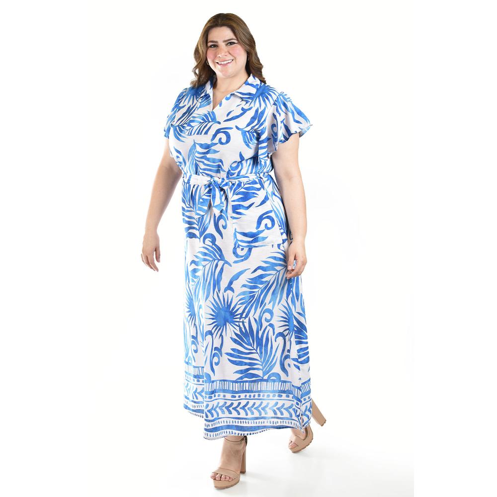 Vestido largo estampado hojas Roman Fashion /Tallas Extras, 4338 (Azul rey hojas)
