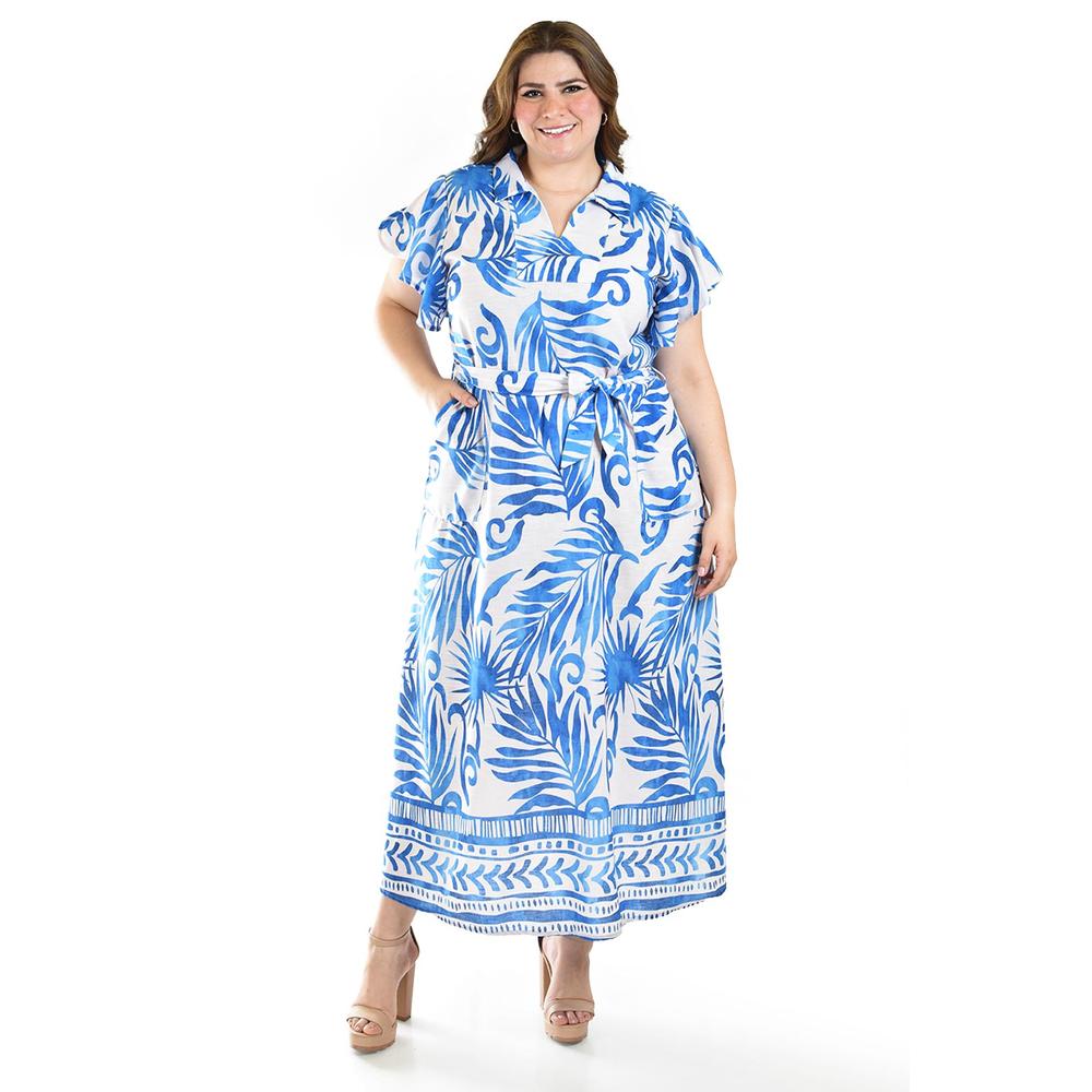 Vestido largo estampado hojas Roman Fashion /Tallas Extras, 4338 (Azul rey hojas)