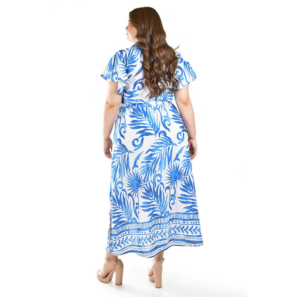 Vestido largo estampado hojas Roman Fashion /Tallas Extras, 4338 (Azul rey hojas)