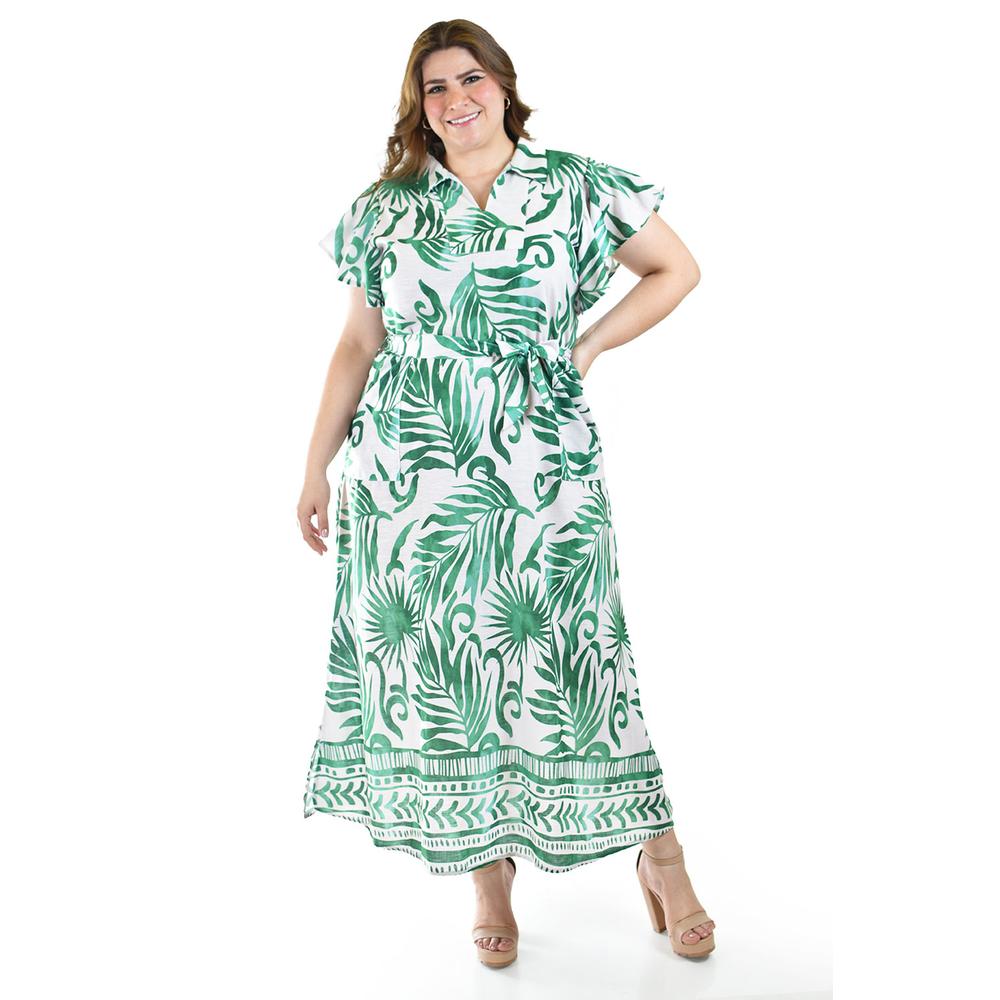 Vestido largo estampado hojas Roman Fashion /Tallas Extras, 4338 (Verde hojas)