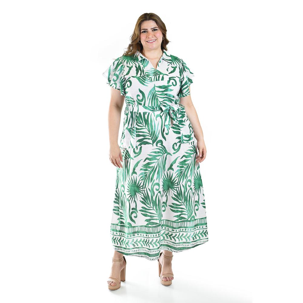Vestido largo estampado hojas Roman Fashion /Tallas Extras, 4338 (Verde hojas)