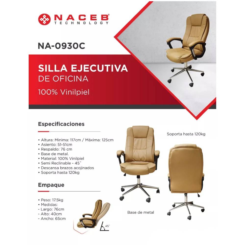 Silla Ejecutiva Naceb NA-0930C VeniPiel Soporta 120 Kg Café