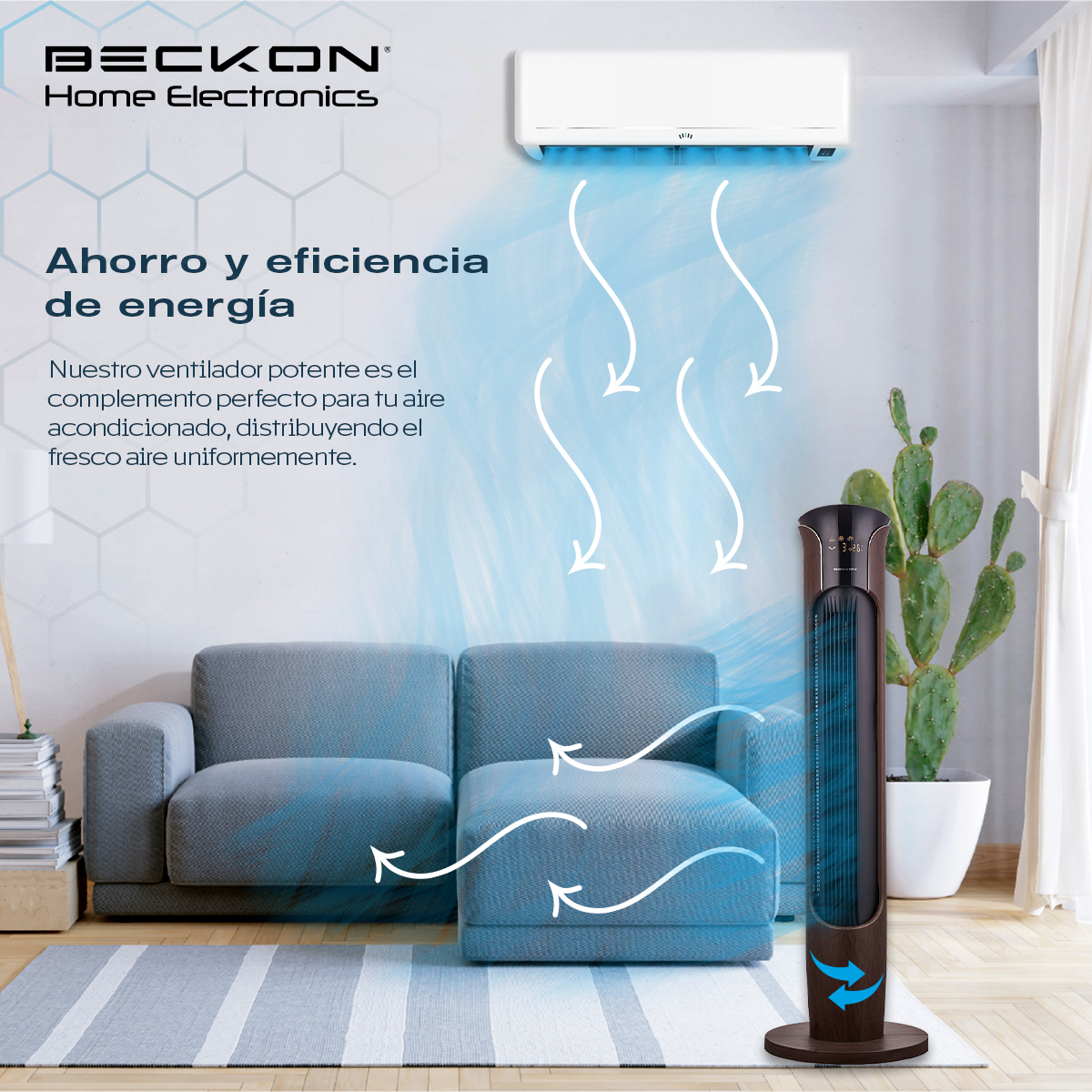 Ventilador de torre grande acabado tipo madera BIG FLOW con ionizador purificador, control remoto, oscilación, temporizador 113cm de alto BECKON