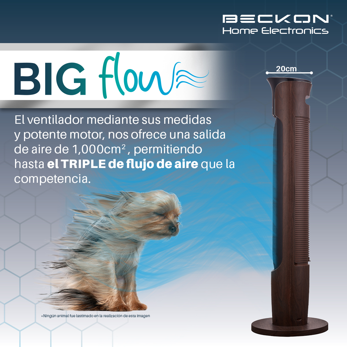 Ventilador de torre grande acabado tipo madera BIG FLOW con ionizador purificador, control remoto, oscilación, temporizador 113cm de alto BECKON