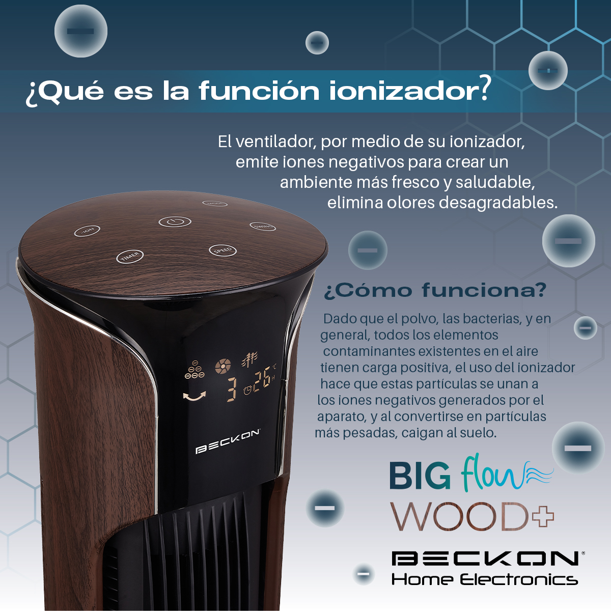 Ventilador de torre grande acabado tipo madera BIG FLOW con ionizador purificador, control remoto, oscilación, temporizador 113cm de alto BECKON