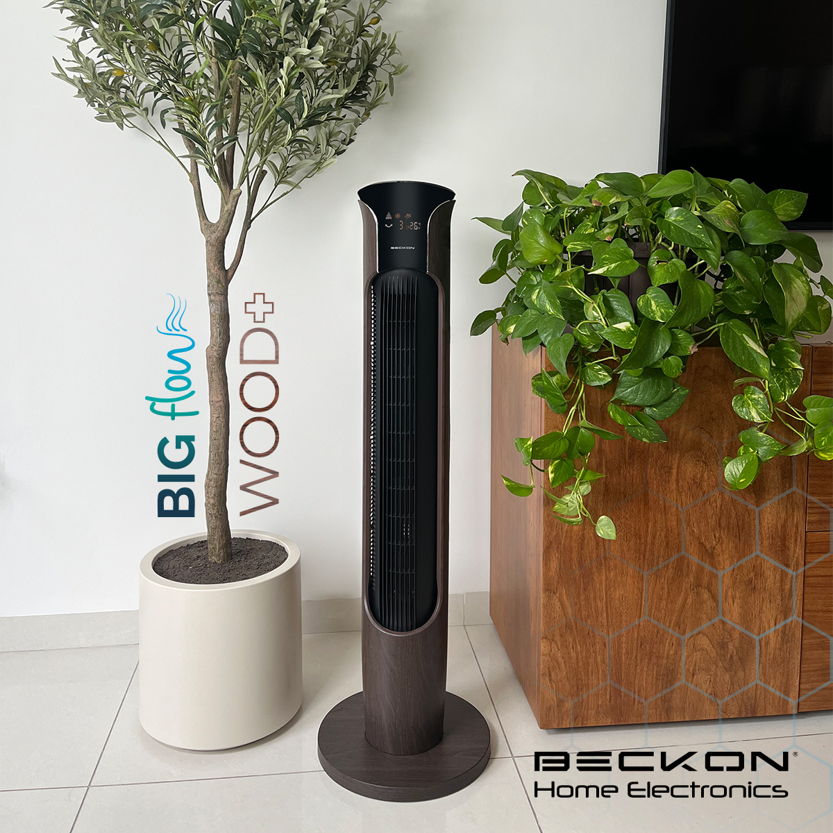 Ventilador de torre grande acabado tipo madera BIG FLOW con ionizador purificador, control remoto, oscilación, temporizador 113cm de alto BECKON