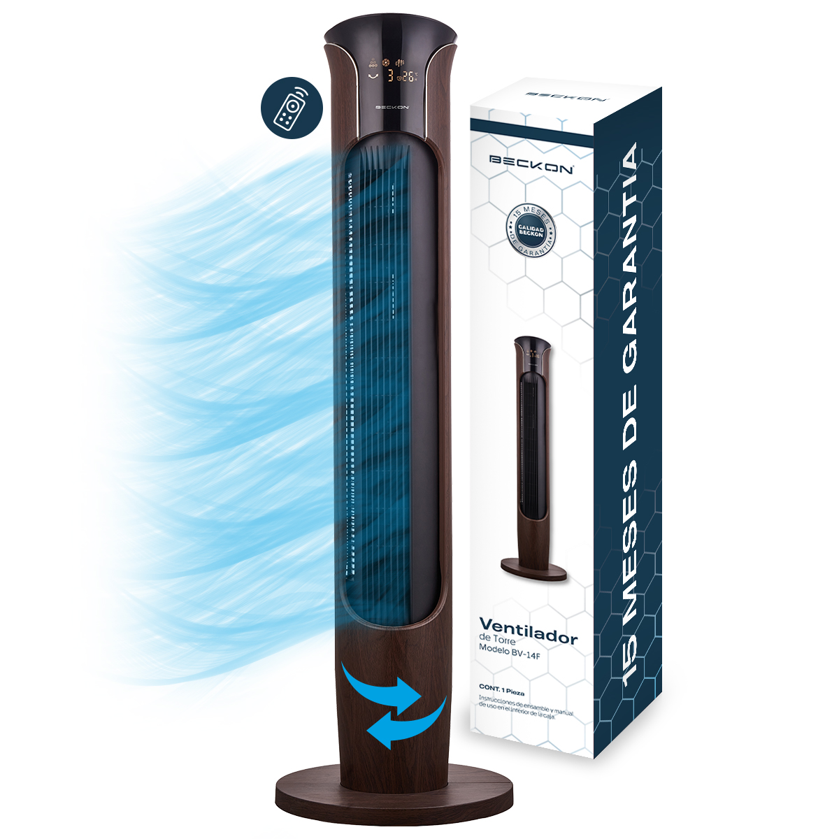 Ventilador de torre grande acabado tipo madera BIG FLOW con ionizador purificador, control remoto, oscilación, temporizador 113cm de alto BECKON