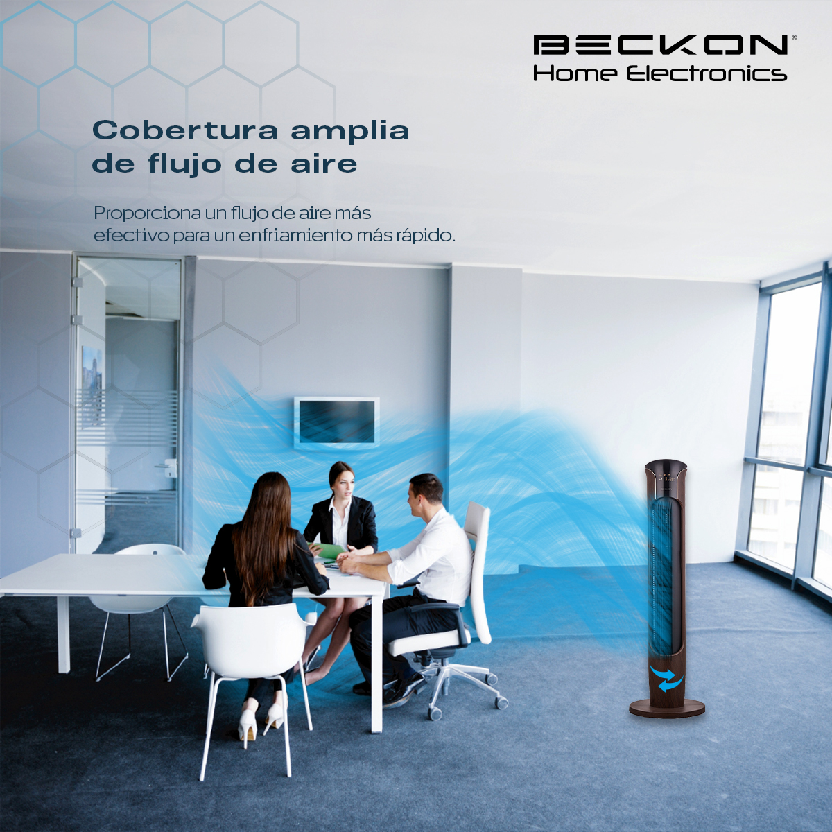 Ventilador de torre grande acabado tipo madera BIG FLOW con ionizador purificador, control remoto, oscilación, temporizador 113cm de alto BECKON