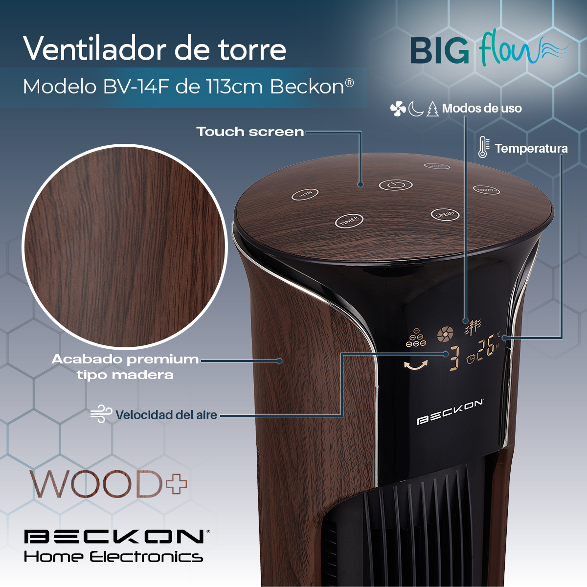 Ventilador de torre grande acabado tipo madera BIG FLOW con ionizador purificador, control remoto, oscilación, temporizador 113cm de alto BECKON