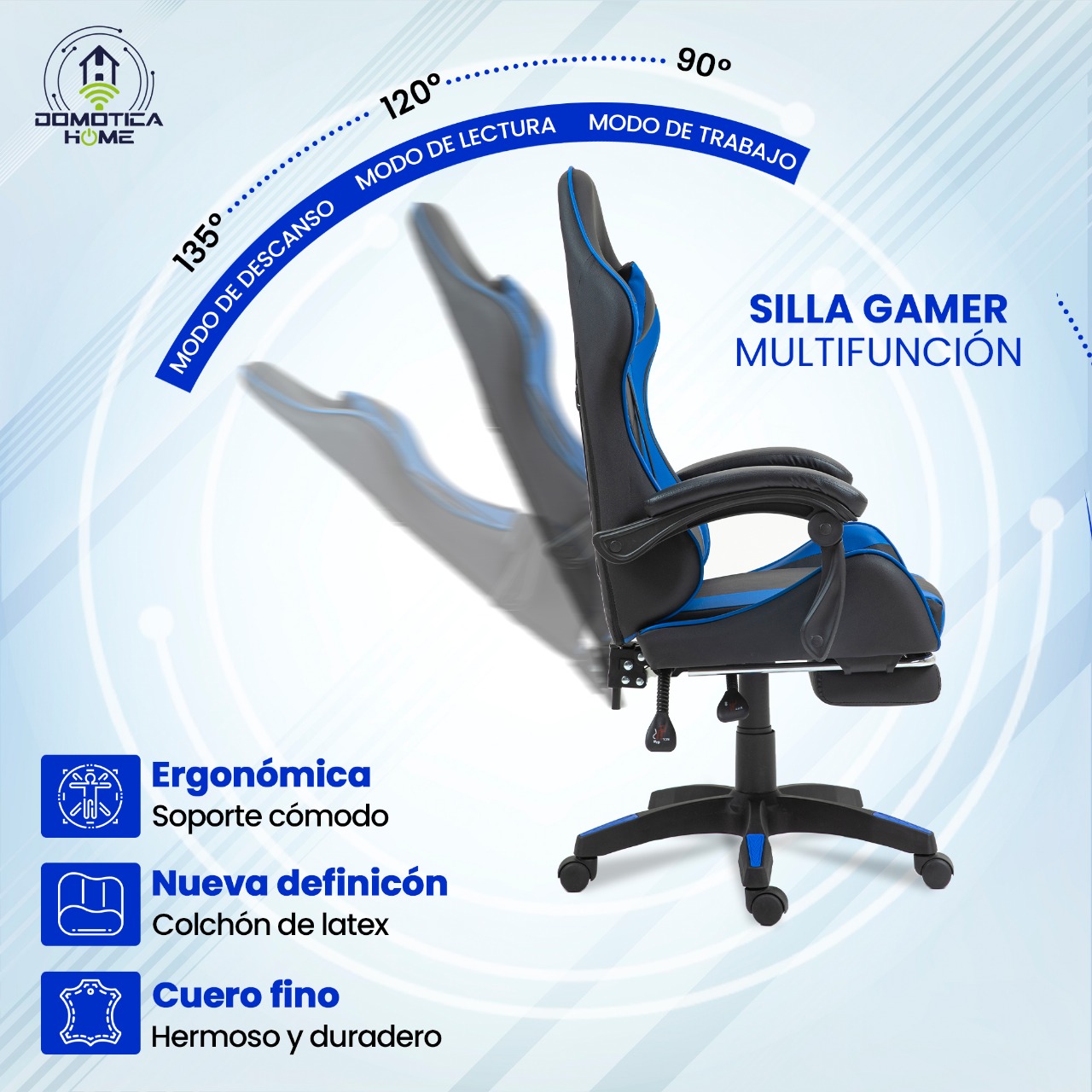 Silla Gamer/escritorio Azul  Ergonómica Reclinable Con Reposapies