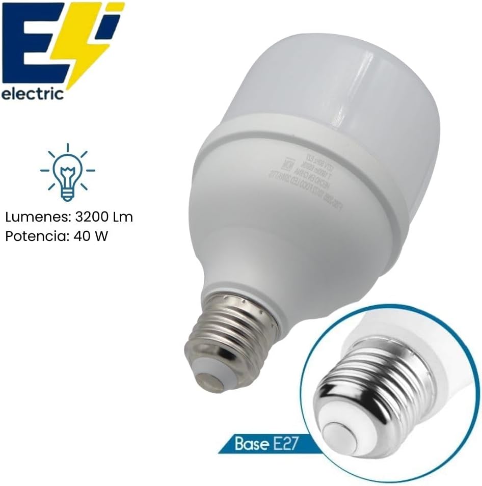 ELECTRI Foco LED Tipo T120 40W Modelo FT120-4065, Luz Blanca Fría 6500K, 3200 Lúmenes, Iluminación Potente y Eficiente
