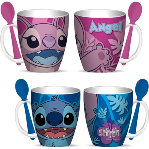  Stitch & Angel Set 2 Tazas Porcelana Pareja Azul  y Morado 310 ml con Caja de Regalo Novios Esposos San Valentin 