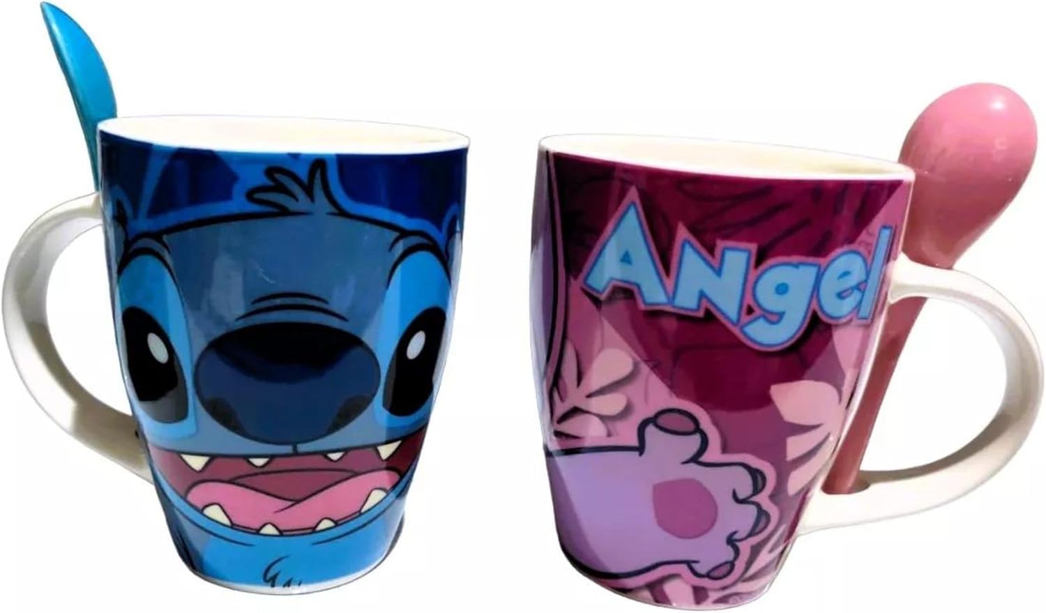  Stitch & Angel Set 2 Tazas Porcelana Pareja Azul  y Morado 310 ml con Caja de Regalo Novios Esposos San Valentin 