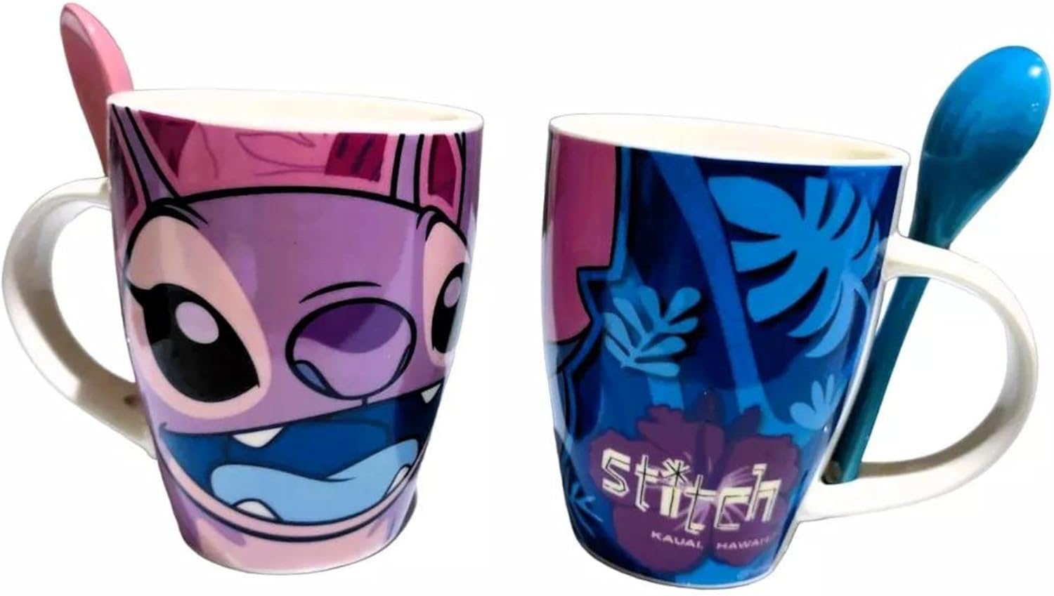  Stitch & Angel Set 2 Tazas Porcelana Pareja Azul  y Morado 310 ml con Caja de Regalo Novios Esposos San Valentin 