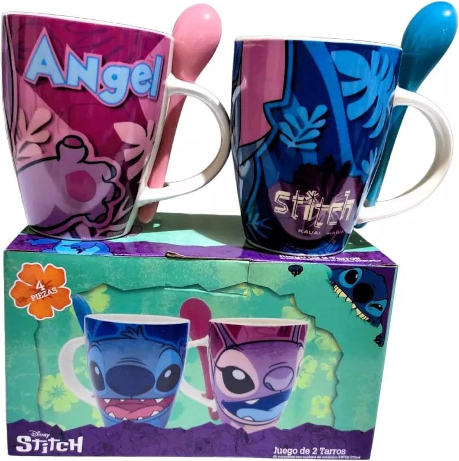  Stitch & Angel Set 2 Tazas Porcelana Pareja Azul  y Morado 310 ml con Caja de Regalo Novios Esposos San Valentin 