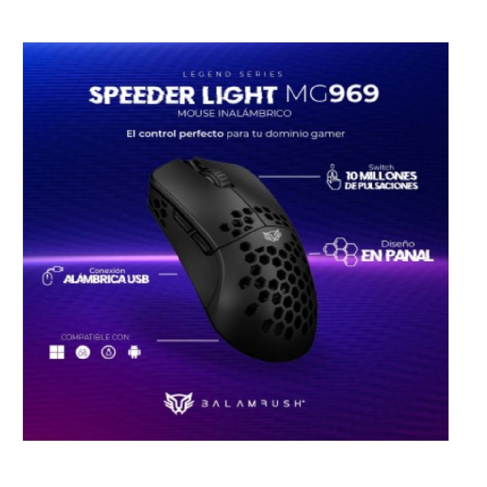 Mouse Gamer Balam Rush Óptico Speeder Light MG969, Inalámbrico, Bluetooth, 10.000DPI, Negro